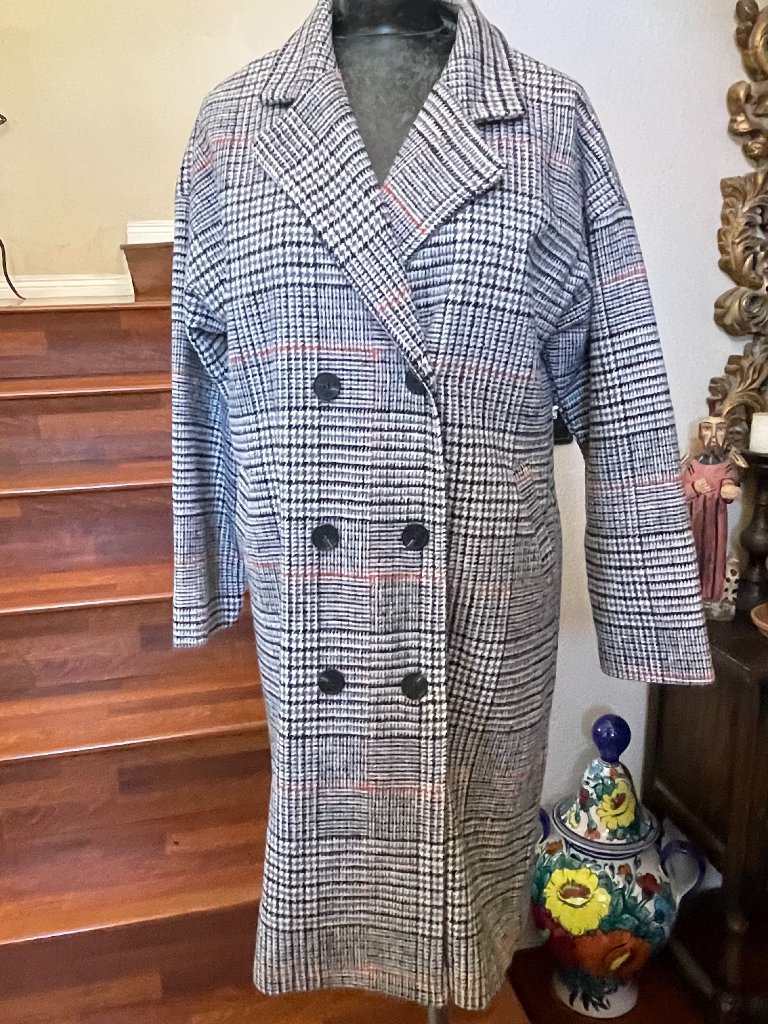 Ya Ya Fushi Women's 3xl Dbl Breasted Cotton-Blend Long Overcoat White/Red/Black